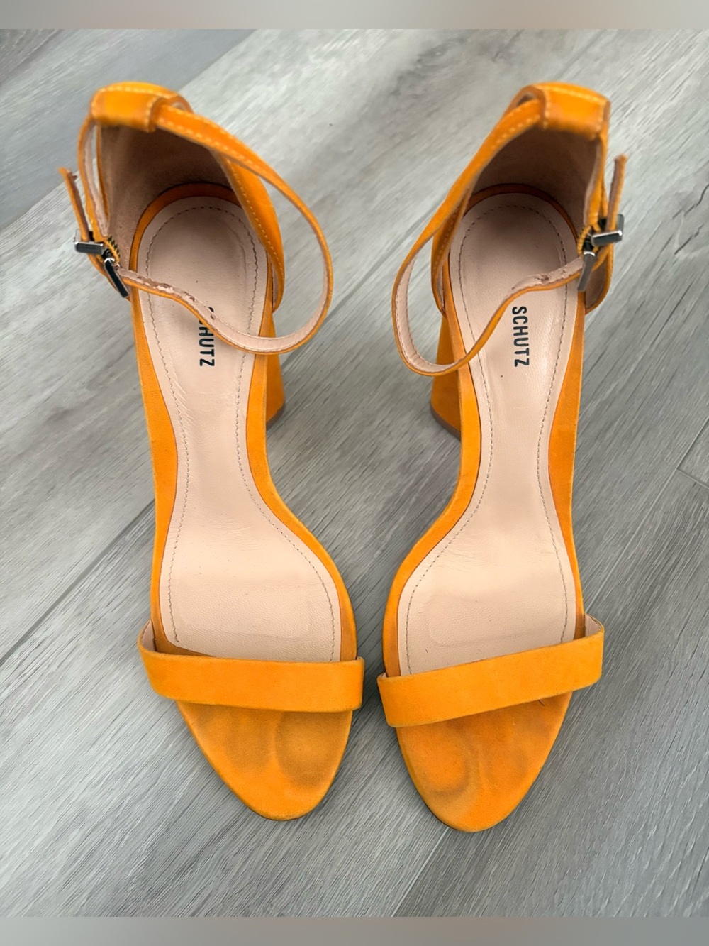 SCHUTZ Orange Suede Ankle-Strap Block Heels